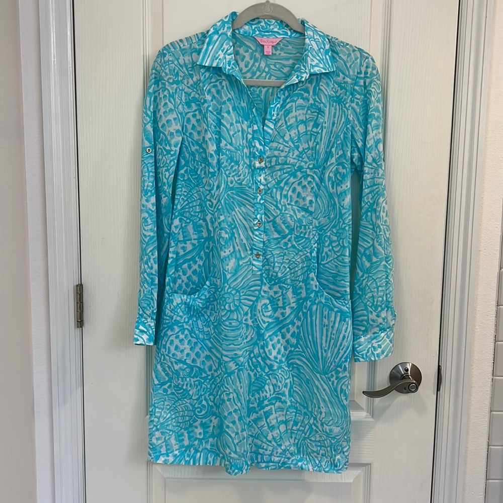 Lilly Pulitzer Sanibel tunic dress cover up, Shorely Blue Sea Cups, size Small